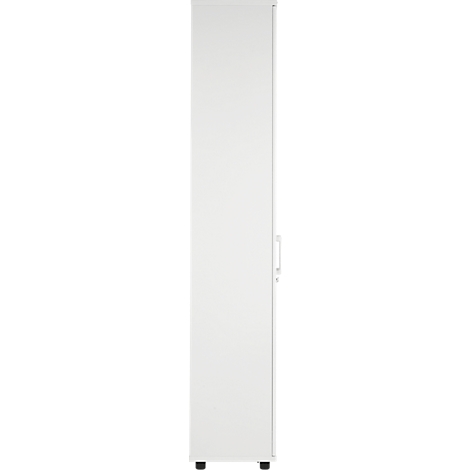 White cabinet with handle, standing. Black feet at the bottom.