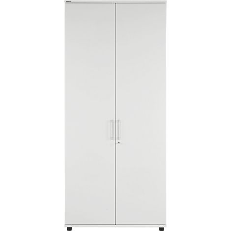 White closet with two doors, two handles and a lock.
