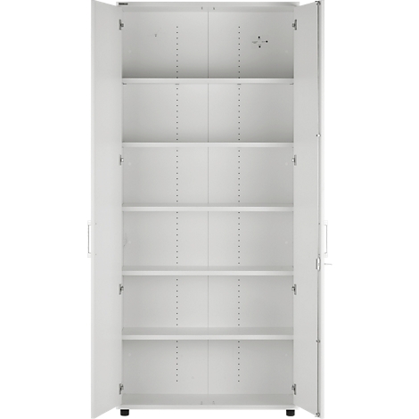 White cabinet with open doors, showing empty shelves. Rollers are attached to the cabinet bottom.