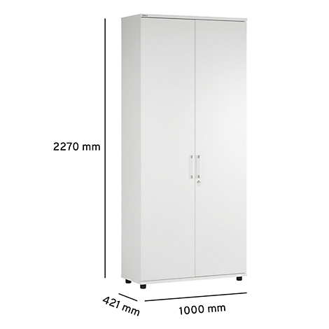 White cabinet with two doors. Dimensions: 2270mm high, 1000mm wide, 421mm deep. Two small metal handles.
