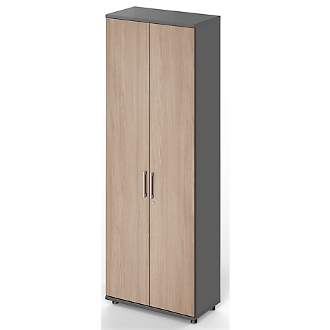 A tall cabinet with two doors. The doors are light brown, the body and top are gray. The cabinet has two silver handles.