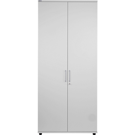 White cabinet with two doors, silver handles and a keyhole.