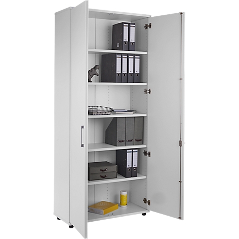 White cabinet, open, with file folders and accessories. Division by several shelves. Details like door handle and hinges.