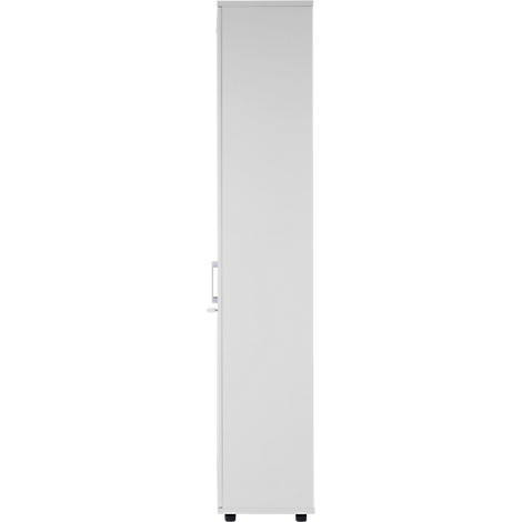 White cabinet with handle and black feet.