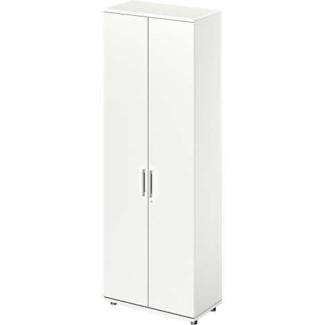 White cabinet with two doors and silver handles. Minimalist design, against a neutral background.