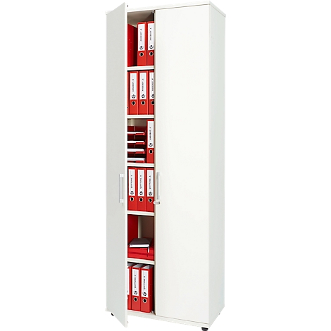 White file cabinet with red interior, opened with folders. One door is open.