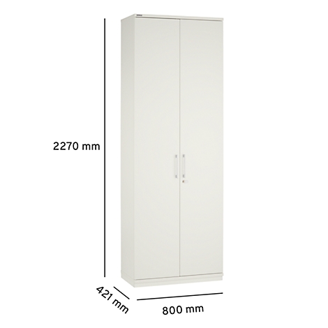 White cabinet with two doors, height 2270 mm, width 800 mm, depth 421 mm.