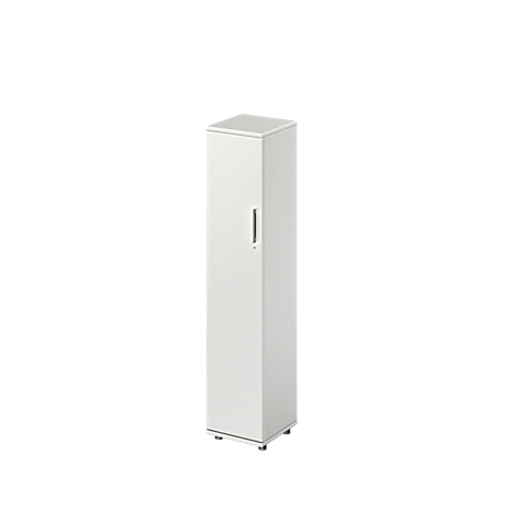 Tall white cabinet with a door and a slim handle. The cabinet stands on small, silver feet.
