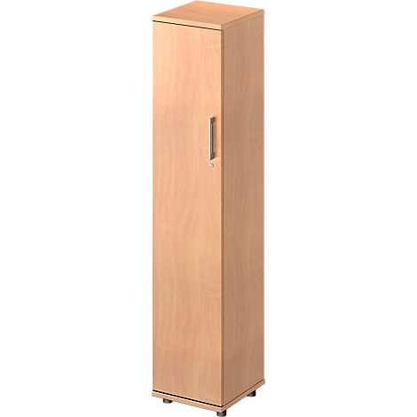 Tall wooden cabinet in light wood with handle and door.