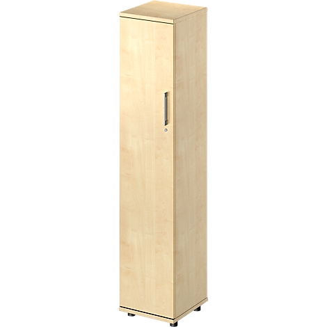 Tall wooden cabinet with one door, a handle and black feet. The cabinet stands in front of a white background.