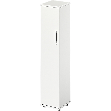 White cabinet with a rectangular shape. A narrow, silver handle and small feet can be seen.
