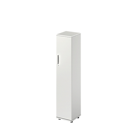 White, tall cabinet against a white background. With handle, door, and base.