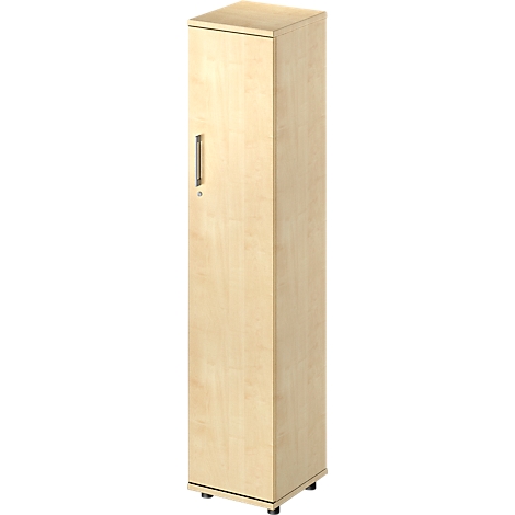 Cabinet made of light wood, with handle and black feet.
