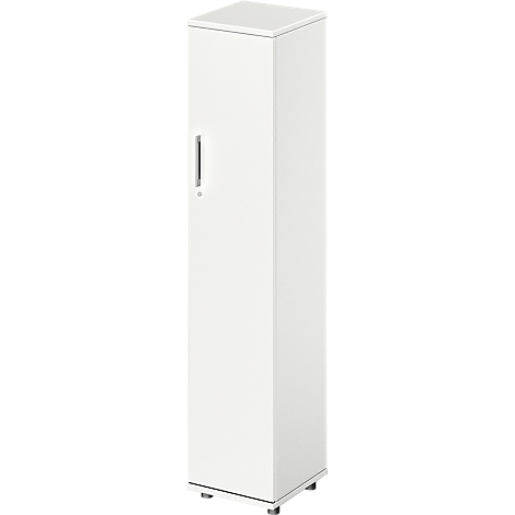 White, narrow cabinet with door and handle.
