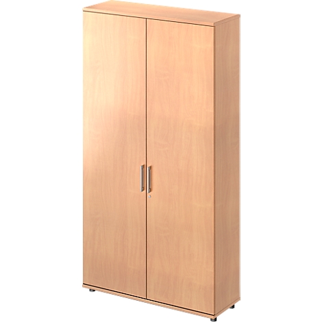 A tall, light brown wooden cabinet with two doors and silver handles. The doors are closed.