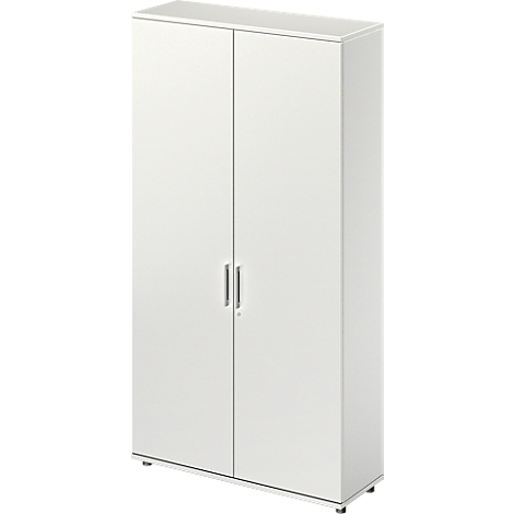 White cabinet with two doors, two metal handles, and a simple design.