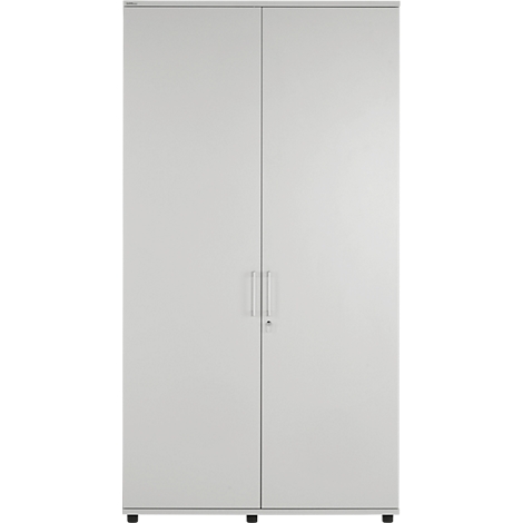 A white cabinet with two doors and silver handles. The cabinet stands on small rollers.