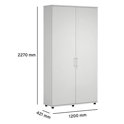 White cabinet with two doors, metallic handles, and dimensions: 2270 x 1200 x 421 mm.
