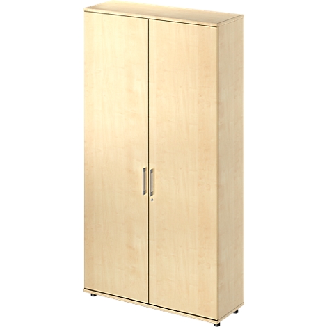 Beige cabinet with two doors and silver handles, against white background.