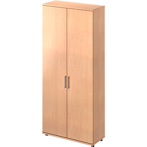 A tall, beige cabinet with two doors and silver handles. The cabinet stands on small black feet.
