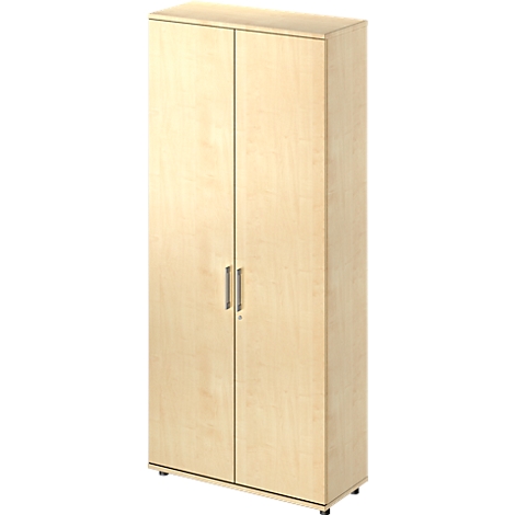 A light brown cabinet with two doors and silver handles. It stands against a neutral background.