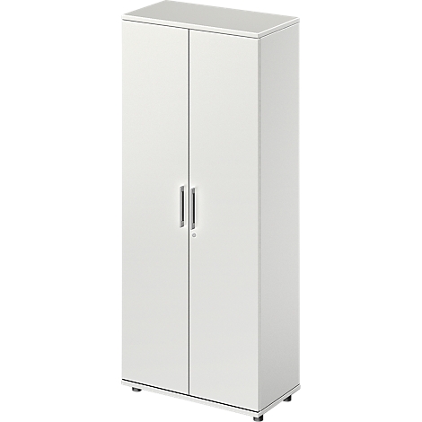 White cabinet with two doors, silver handles and short feet.