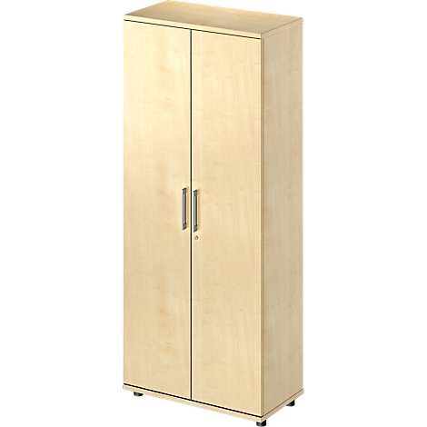 Light-colored cabinet with two doors, silver handles, and black feet.
