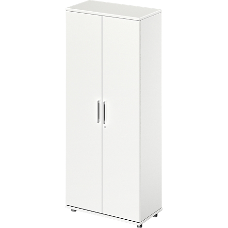 White cabinet with two doors and silver handles. It stands on small, silver feet.