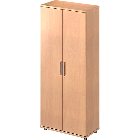 Light brown cabinet with two doors, silver handles, and small feet. For order in the office.