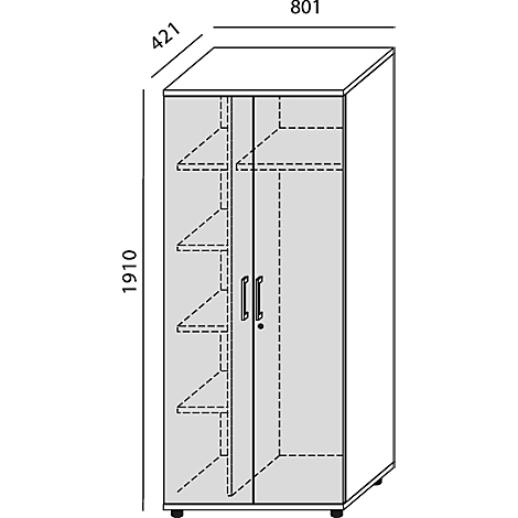 Cabinet with two doors, shelves, and dimensions.