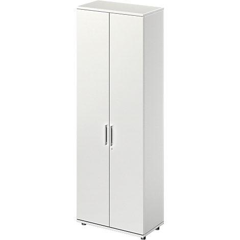 White cabinet with two doors, two metal handles and four feet.