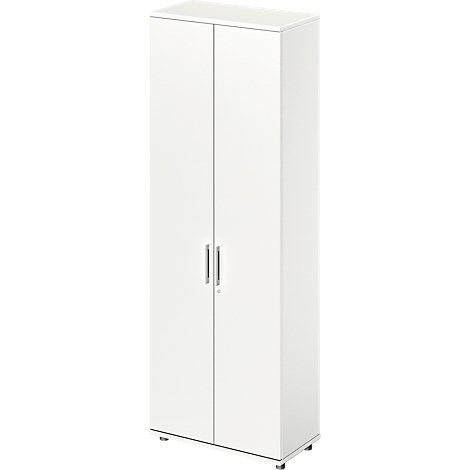 White cabinet with two doors and silver handles. A simple, minimalist cabinet.