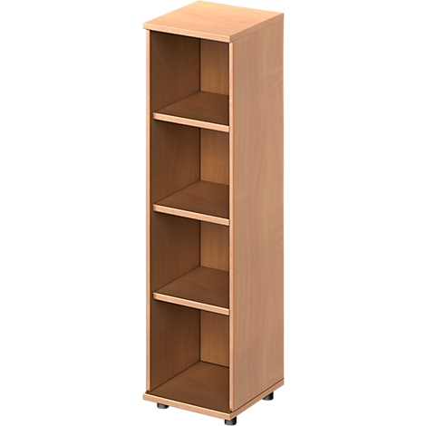 Tall, narrow wooden cabinet with four shelves. It stands on small, black feet.