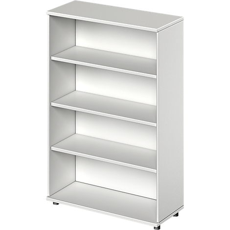 White bookcase with four shelves. The bookcase stands on small, round feet.