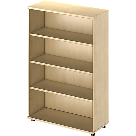 Beige bookcase with four shelves. Angular design with straight lines and dark feet.