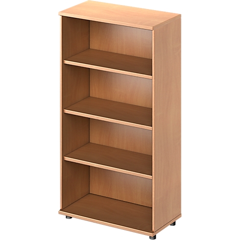 Beige bookcase with four shelves against a white background.