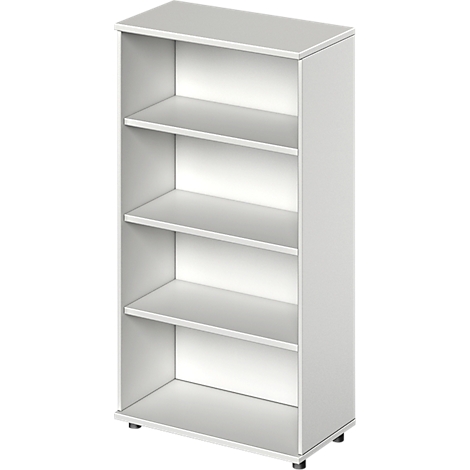 A white shelf with four shelves, on a light background. Gray feet.