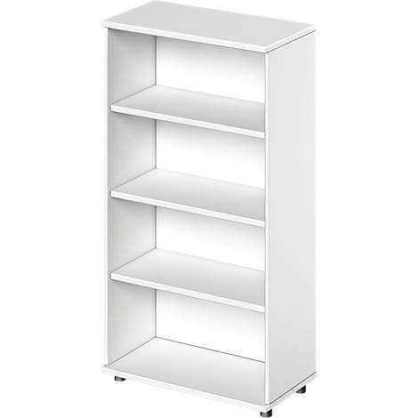 White bookshelf with four shelves, on gray-silver feet. The shelf is in front of a white background.