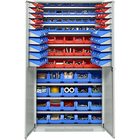 Kast met open deuren, gevuld met blauwe en rode opbergdozen, gevuld met gereedschap. Grijze metalen constructie.