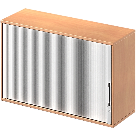 A wooden cabinet with a roller shutter door. The cabinet is light brown, the door is silver-grey with vertical stripes.