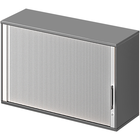 Grey cabinet with a slatted door and handle. The design is simple and modern.