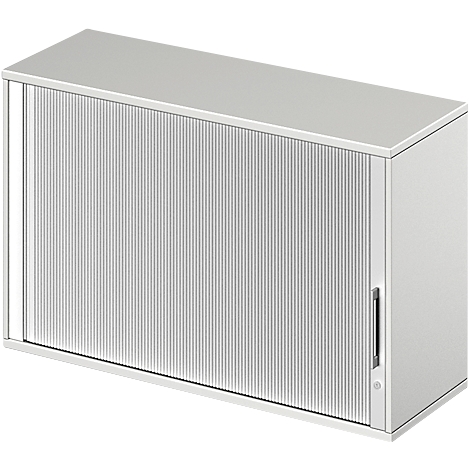 White cabinet with ribbed door, handle and lock.