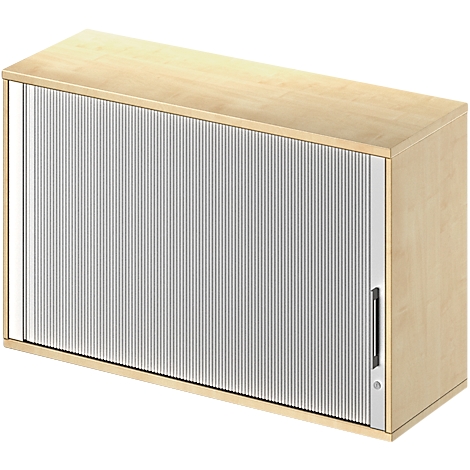 Wooden wall cabinet with silver slatted door and handle.