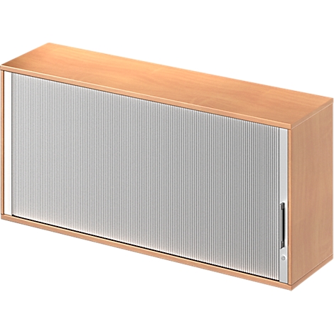 Wooden cabinet with ribbed, silver-gray roller shutter. The cabinet has a handle on the right side.