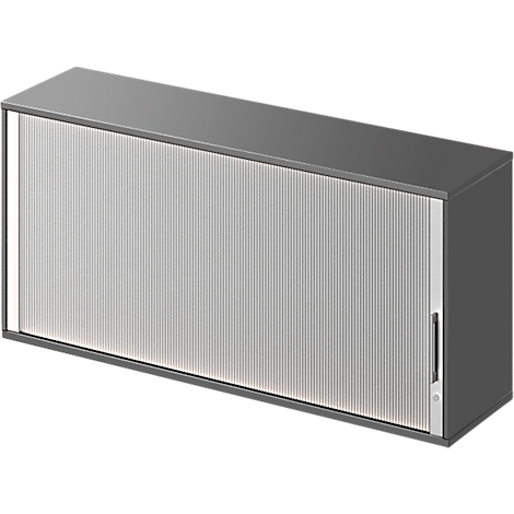 Grey cabinet with a ribbed front and silver handle. The cabinet's structure is rectangular with light effects.