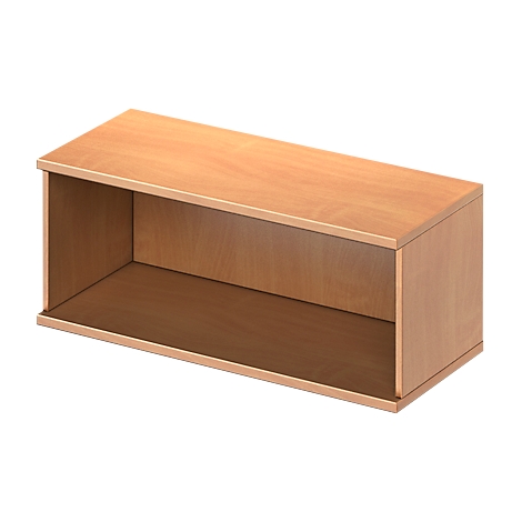 A rectangular, light brown wooden shelf with an open front. The grain of the wood is clearly visible.