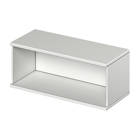 White rectangular shelf, slightly perspective, with open front.