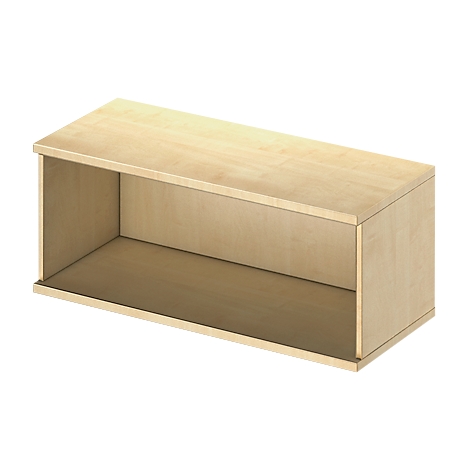 Open wall shelf made of light wood, rectangular shape.