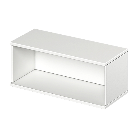 A white, rectangular wall shelf with an open front. The edges are clearly defined.