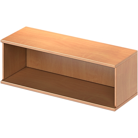 Open, rectangular shelf made of light wood. Top and bottom as well as sides are closed.